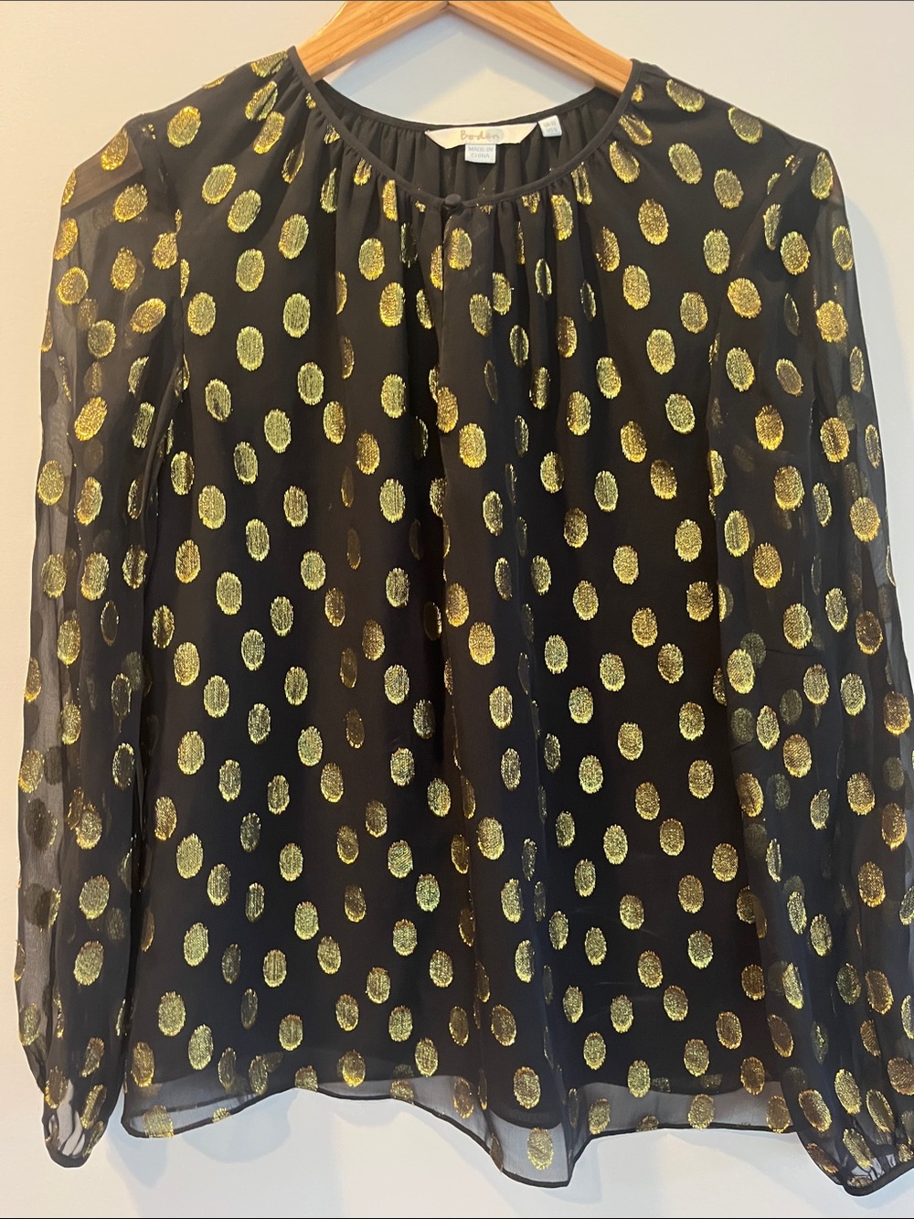 Boden Black Blouse with Gold Polka Dots